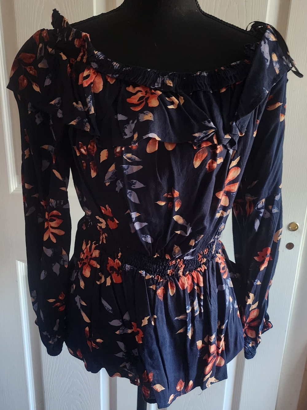 Navy Floral Off-Shoulder Ruffle Waist Peplum Top